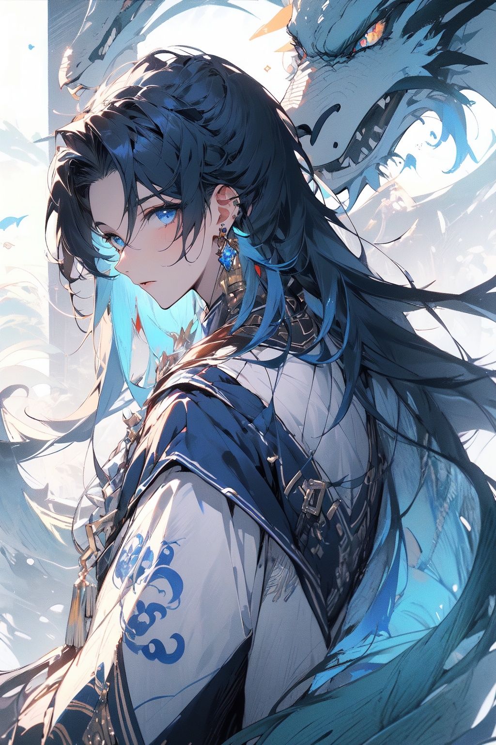 , (masterpiece:1.2), best quality,PIXIV,midjourney portrait,long hair, jewelry, earrings, blue hair, dragon, male focus, chinese clothes, looking at viewer, looking back, blue eyes, eastern dragon, multicolored hair, tassel earrings, from behind, solo focus, stairs, closed mouth, 1boy, long sleeves, bangs <lora:midjourney portrait_20230625143136:0.9>