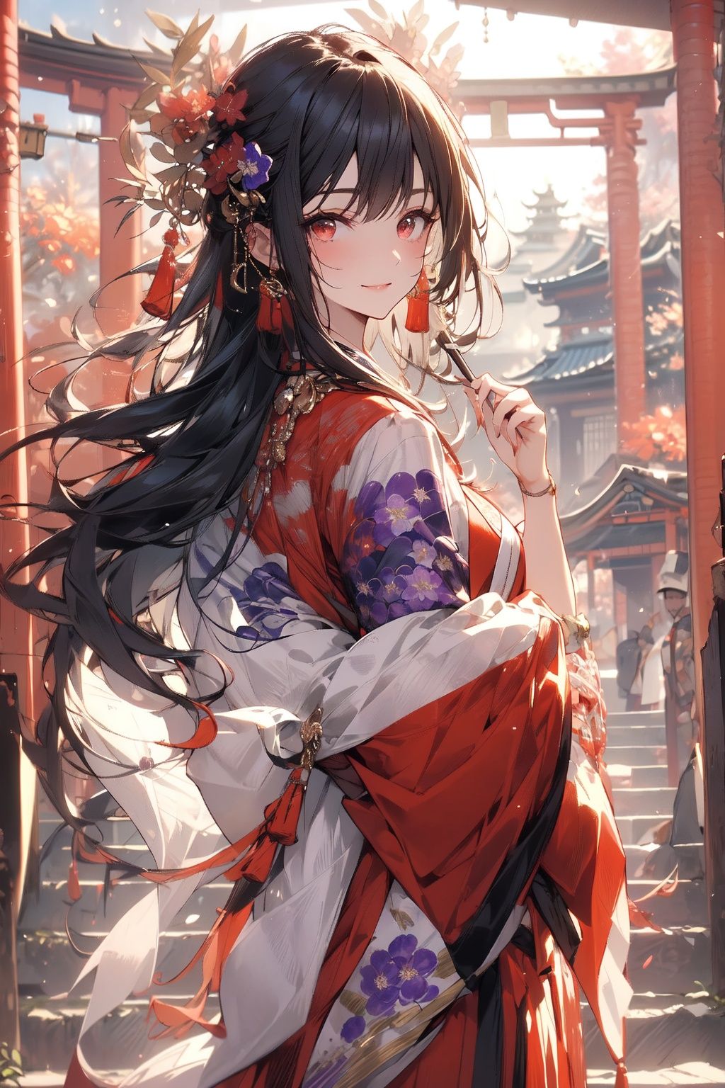 , (masterpiece:1.2), best quality,PIXIV,midjourney portrait,1girl, japanese clothes, red eyes, dragon, hair ornament, black hair, kimono, flower, looking at viewer, hair flower, bangs, eastern dragon, solo, torii, white kimono, wide sleeves, standing, blunt bangs, stairs, tassel, outdoors, long sleeves, smile, architecture, long hair, closed mouth <lora:midjourney portrait_20230625143136:0.9>