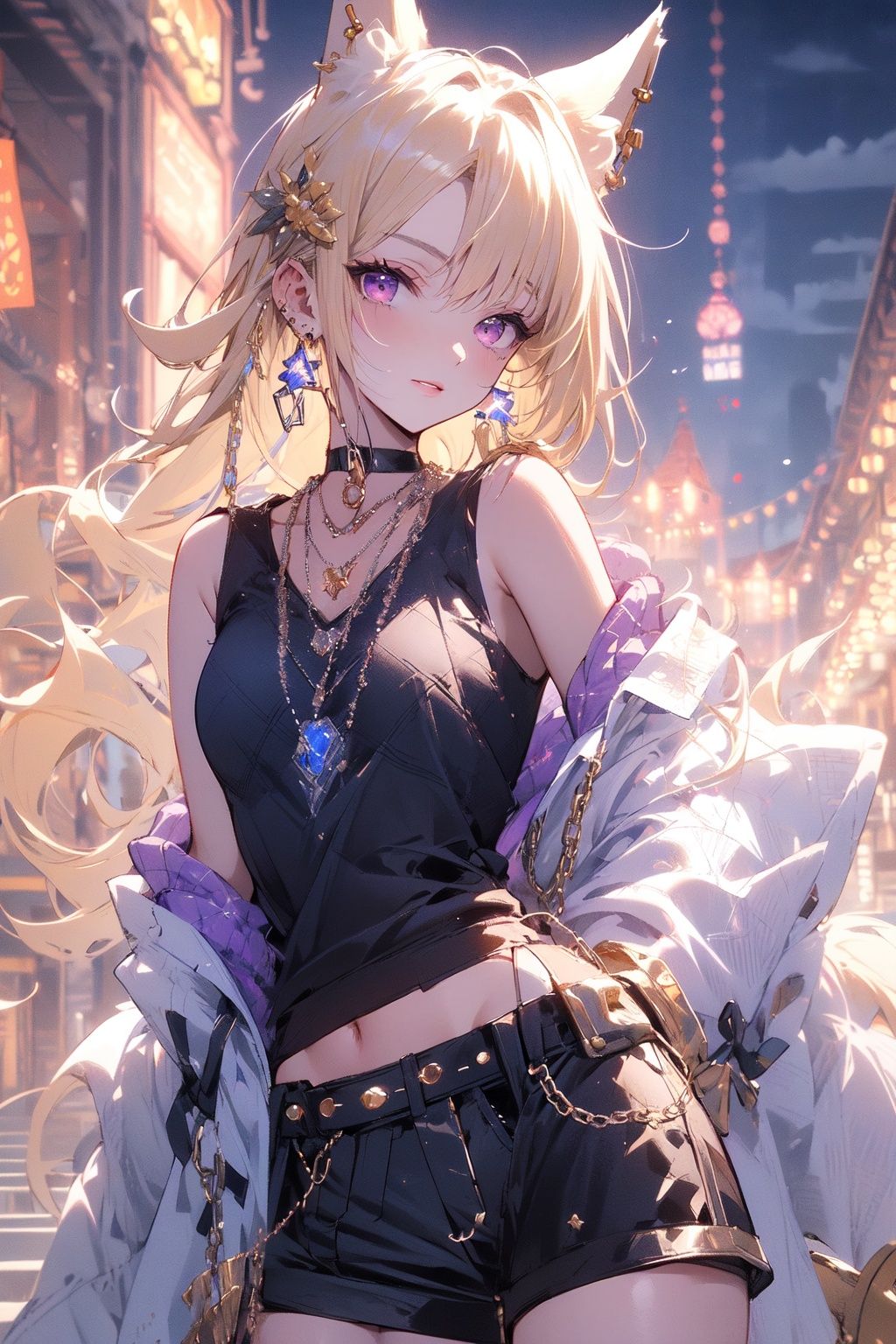 , (masterpiece:1.2), best quality,PIXIV,midjourney portrait,animal ears, 1girl, long hair, jewelry, tail, blonde hair, bracelet, looking at viewer, earrings, choker, chain, cowboy shot, solo focus, solo, necklace, shirt, purple eyes, sleeveless, shorts, bare shoulders, dog ears <lora:midjourney portrait_20230625143136:0.9>