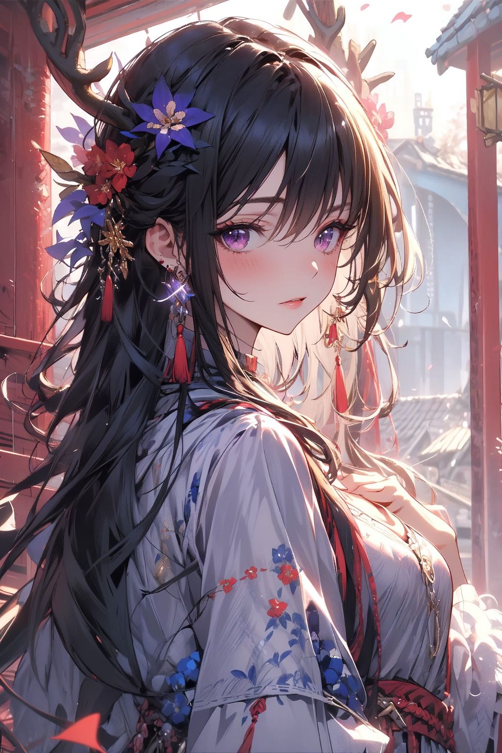 , (masterpiece:1.2), best quality,PIXIV,midjourney portrait,1girl, solo, long hair, white hair, looking at viewer, jewelry, hair ornament, earrings, outdoors, tassel, bangs, purple eyes, long sleeves, leaf, antlers, looking back, tassel earrings, day, blush, closed mouth, upper body, hand on own chest, flower, dress, breasts, hair between eyes, hair flower<lora:midjourney portrait_20230625143136:0.9>