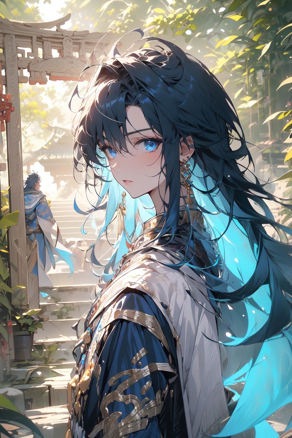 , (masterpiece:1.2), best quality,PIXIV,midjourney portrait,long hair, jewelry, earrings, blue hair, dragon, male focus, multiple boys, chinese clothes, looking at viewer, looking back, blue eyes, eastern dragon, multicolored hair, tassel earrings, from behind, solo focus, stairs, closed mouth, 1boy, long sleeves, bangs <lora:midjourney portrait_20230625143136:0.9>