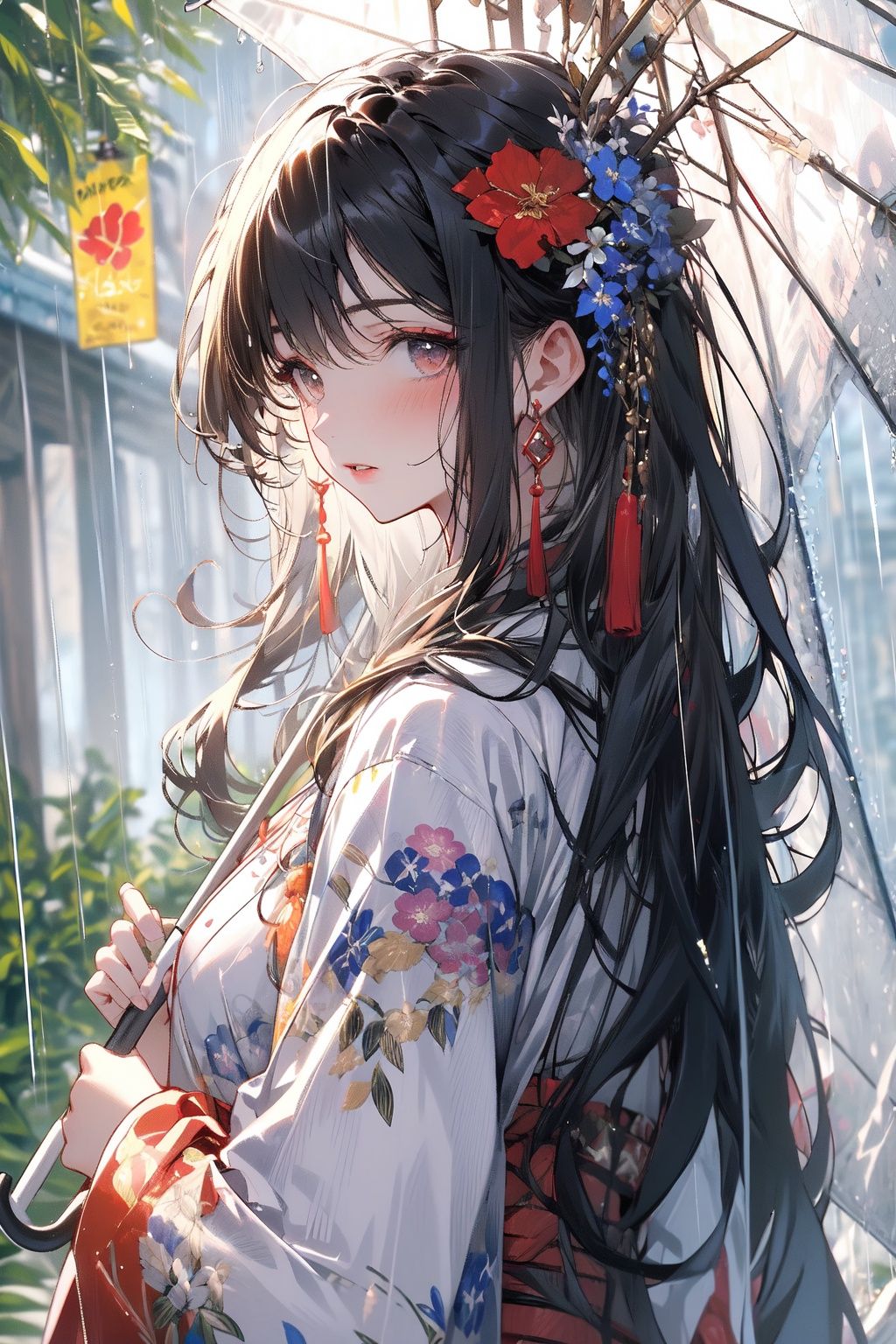 , (masterpiece:1.2), best quality,PIXIV,midjourney portrait,1girl, umbrella, solo, flower, long hair, hair ornament, hair flower, holding umbrella, looking at viewer, rain, holding, outdoors, bangs, japanese clothes, kimono, oil-paper umbrella, black hair, parted lips, long sleeves, upper body, blush, looking back, tassel, chinese clothes, hanfu, wide sleeves, bow, floral print, earrings, white kimono, jewelry, ribbon<lora:midjourney portrait_20230625143136:0.9>