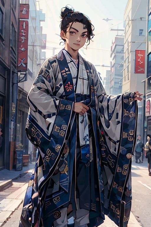 solo,hair_bun,long_sleeves,hanfu,chinese_clothes,<lora:daoshi:0.7>,masterpiece,Optimum quality,Pretty face,(1boy:1.6),(style by artist Andrew Jones),city,Science and technology,Future,cyberpunk, <lora:全网首发_白虎-天地法相_v1:0.5>,White_Tiger
