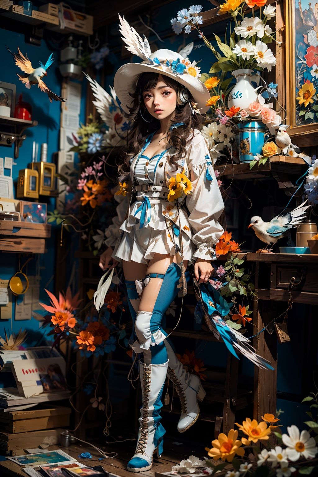 1girl,(full body:1.4),dolichoscelia,White boots,solo,hat flower,headphones,zipper,cinematic lighting,strong contrast,romantic realism style,high level of detail,(dreamlike scenes),Rose,Yellow flower,Red flower,The bird,unit,<lora:bj_Alice:0.7>,Make up,