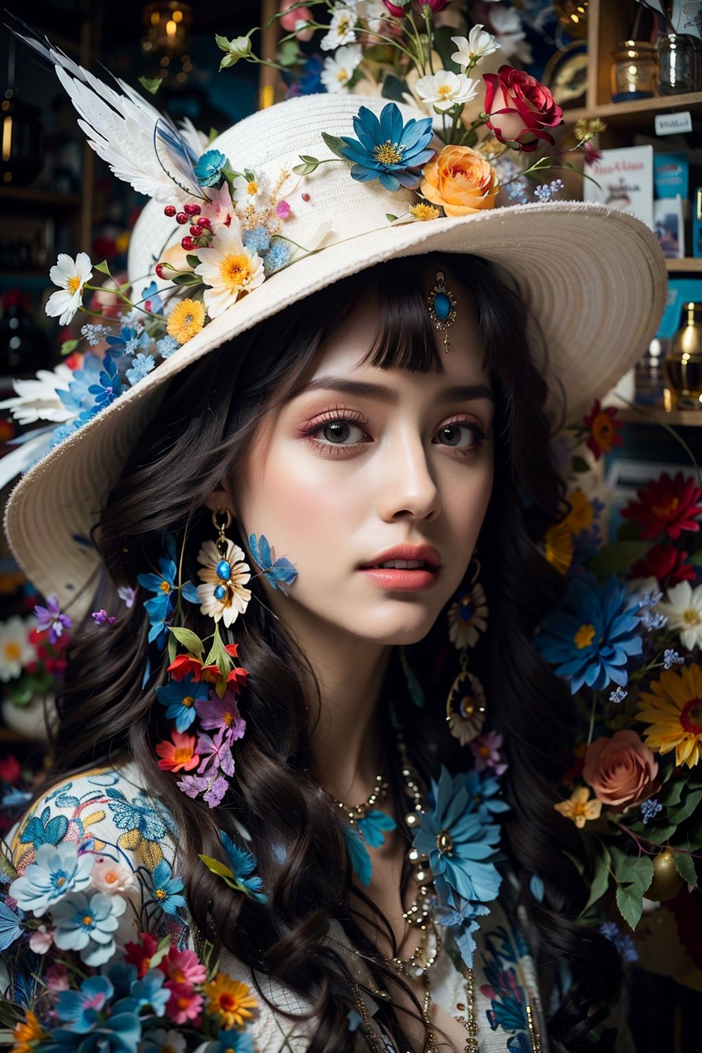 bj_Alice,1girl,Clean face,Long black hair,jewelry,flower,earrings,parted_lips,makeup,rose,bird,white headwear,white_flower,building,portrait,blue flower,yellow flower,hat flower,red lips,orange flower,cinematic lighting,strong contrast,romantic realism style,high level of detail,(dreamlike scenes),<lora:bj_Alice:0.7>,