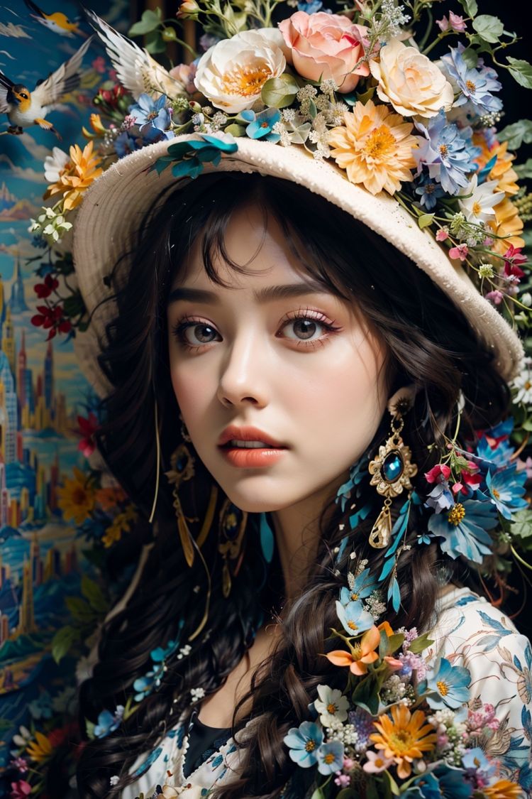 bj_Alice,1girl,full body,Clean face,Smooth face,Long black hair,jewelry,flower,earrings,parted_lips,makeup,rose,bird,white headwear,white_flower,building,portrait,blue flower,yellow flower,hat flower,red lips,orange flower,cinematic lighting,strong contrast,romantic realism style,high level of detail,(dreamlike scenes),<lora:bj_Alice:0.7>,