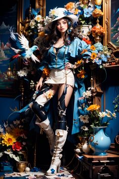 1girl,(full body:1.4),dolichoscelia,White boots,solo,hat flower,headphones,zipper,cinematic lighting,strong contrast,romantic realism style,high level of detail,(dreamlike scenes),Rose,Yellow flower,Red flower,The bird,unit,<lora:bj_Alice:0.7>,Make up,jewel,Headwear,