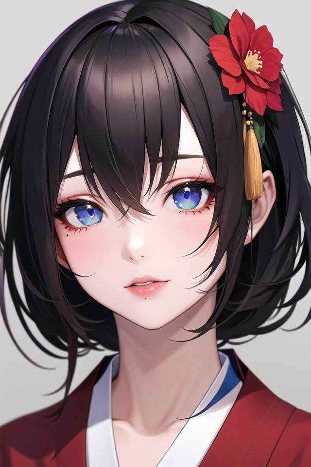 masterpiece,best quality,absurdres,original,extremely delicate and beautiful,beautiful detailed eyes and face,1girl, black_hair, flower, japanese_clothes, looking_at_viewer, mole, red_flower, solo,(masterpiece:1.4),(best quality:1.4)