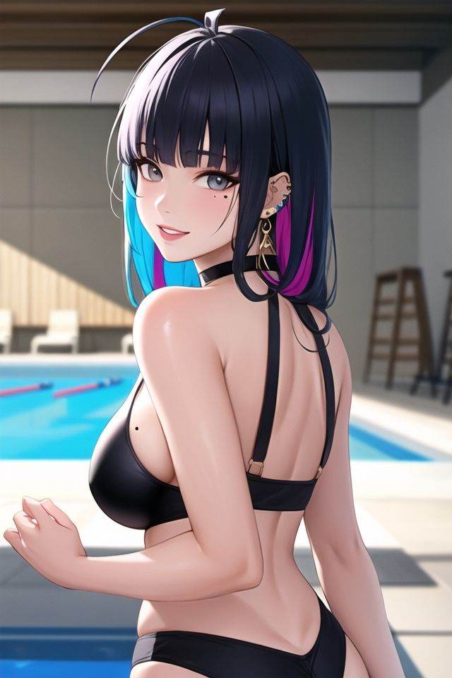 1girl, ahoge, bangs, bare arms, bare shoulders, bikini, black bikini, black choker, blue hair, blunt bangs, breasts, choker, colored inner hair, ear piercing, earrings, grey eyes, grey hair, indoors, jewelry, large breasts, long hair, looking at viewer, looking back, mole, mole under eye, multicolored hair, nail polish, parted lips, piercing, pool, smile, solo, swimsuit, upper body, water, wet,(masterpiece:1.4),(best quality:1.4),(shiny skin),realistic