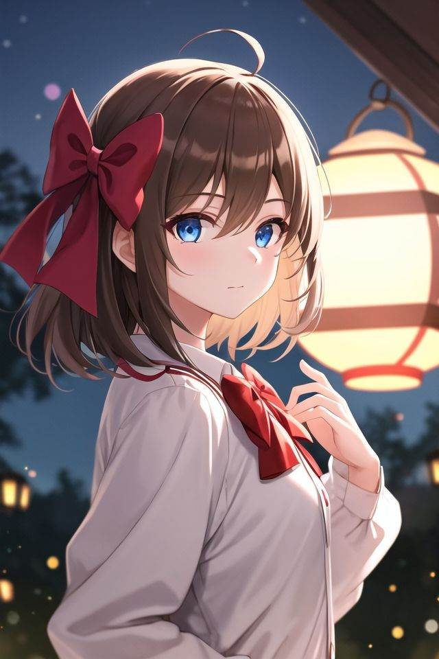 1girl, bangs, blue eyes, blurry, blurry background, bow, brown hair, closed mouth, from side, hair between eyes, hair bow, lantern, light particles, long sleeves, looking at viewer, medium hair, night, red bow, solo, star \(symbol\), upper body,(masterpiece:1.4),(best quality:1.4)