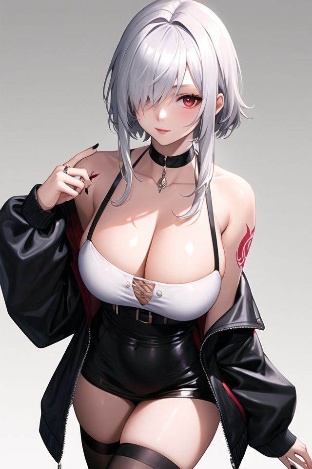 1girl, arm tattoo, bare shoulders, black nails, black thighhighs, breasts, choker, cleavage, hair over one eye, hand tattoo, huge breasts, jacket, jewelry, looking at viewer, off shoulder, red eyes, ring, short hair, short hair with long locks, simple background, solo, tattoo, thighhighs, white background, white hair,(realistic:1.15),(shiny skin:1.2),(masterpiece:1.4),(best quality:1.4)
