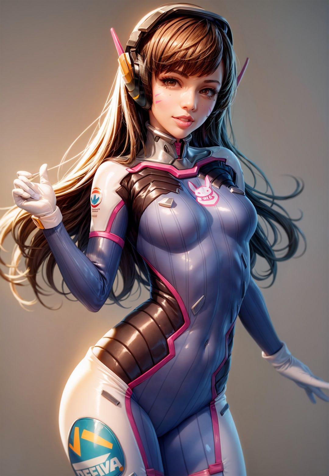 smile,masterpiece, best quality,1girl, d.va (overwatch), solo, long hair, whisker markings, bodysuit, brown hair, facial mark, gloves, breasts, brown eyes, pilot suit, cowboy shot, headphones, white gloves, medium breasts, swept bangs, skin tight, animal print, bangs, bunny print, ribbed bodysuit, facepaint, pink lips,(grey background:1.2),simple background, (kbxll:0.6)