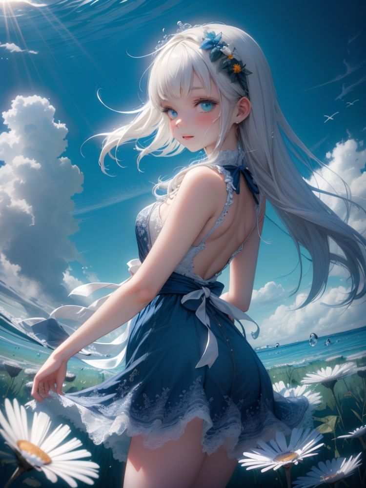 ((masterpiece)), ((best quality)), 8k, high detailed, ultra-detailed, illustration, under the sea, bishoujo figure, colorful, 1girl, wearing a flowing summer dress, joyfully twirling in a field of blooming flowers, (sunflowers and daisies), (bright blue sky with fluffy white clouds), (blonde hair cascading down her back), (sparkling green eyes), (carefree expression), capturing the essence of youth and happiness, <lora:SEA_LOVE:1>