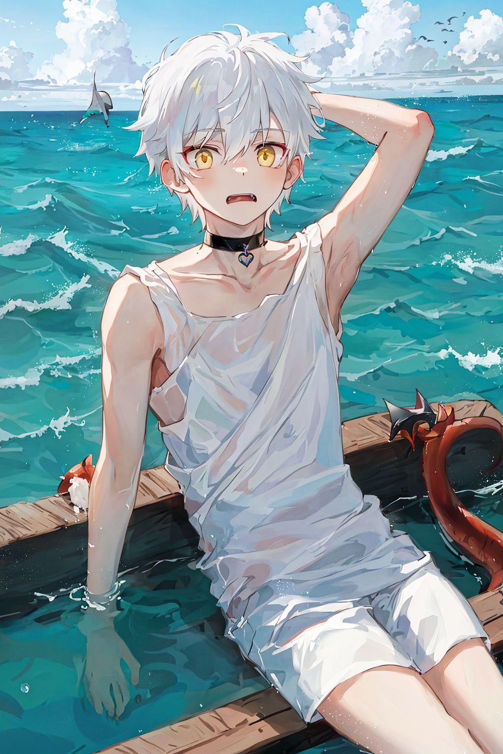 masterpiece, best quality, boy, solo, devil, incredibly_absurdres, on a sea, choker,boy,male,white hair，yellow eyes,white hair