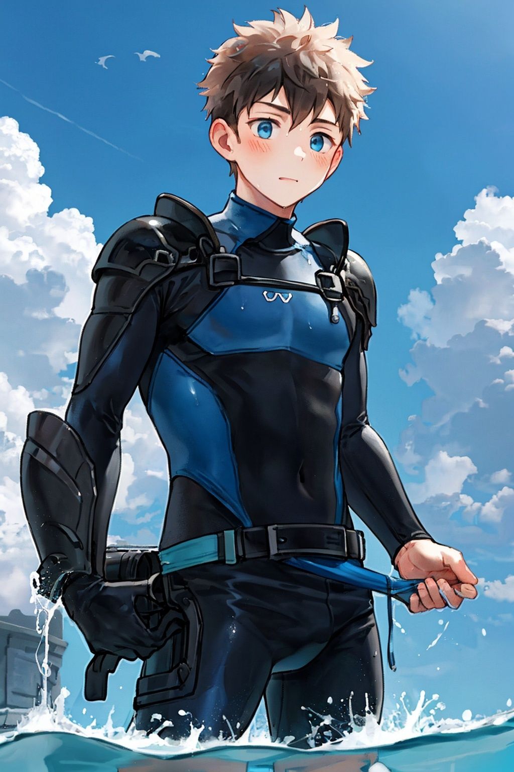 1boy，male，mucle，close fitting armor，blue wetsuit，owo，