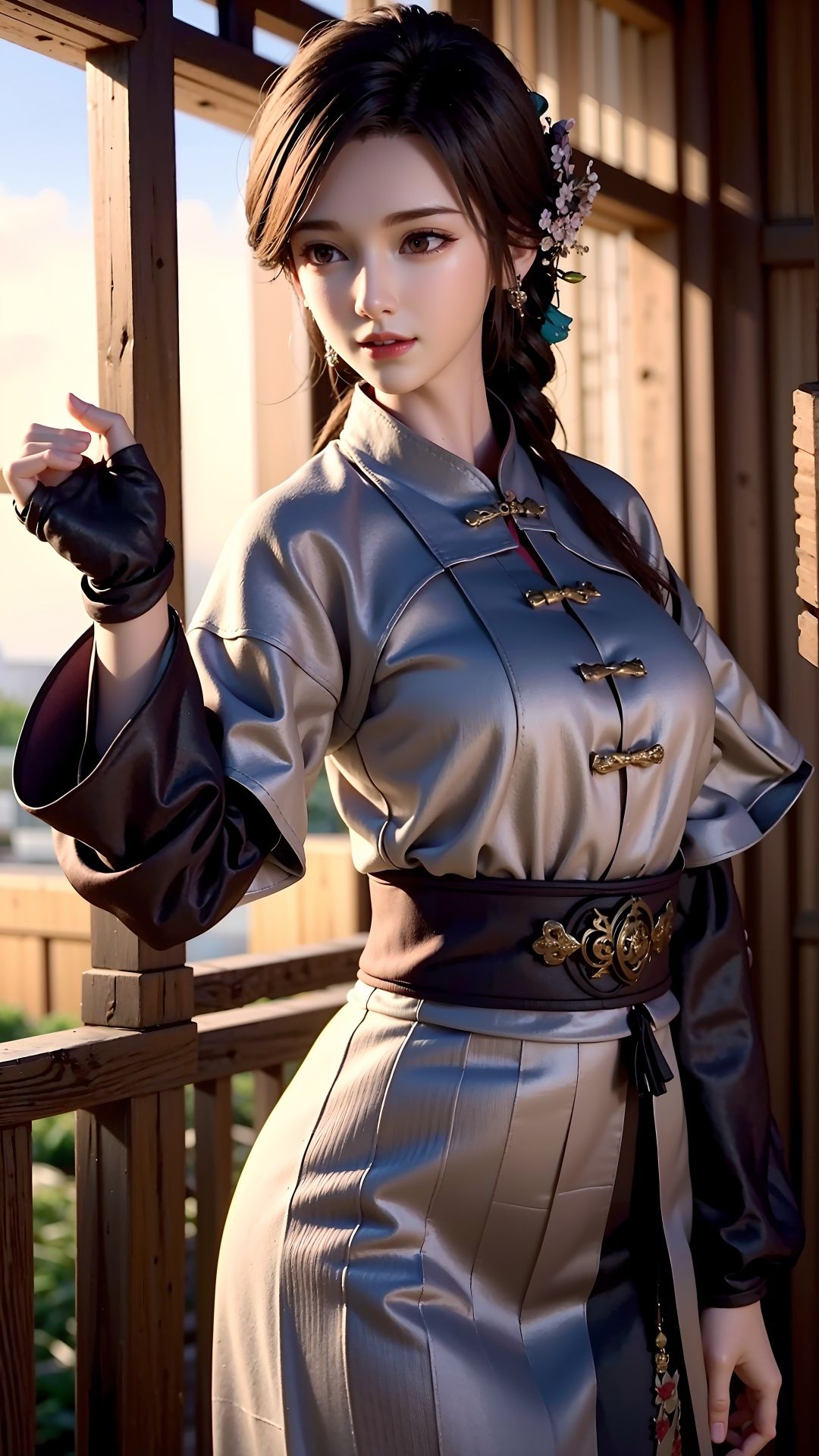 masterpiece,best quality,,1girl,black hair, chinese clothes, <lora:yingmo:0.4>,outdoor,cowboy shot, dynamic pose, dynamic angle
