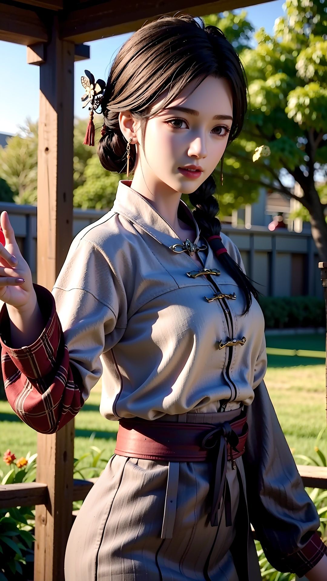 masterpiece,best quality,1girl,black hair, chinese clothes, <lora:yingmo:0.4>,outdoor,cowboy shot, dynamic pose, dynamic angle