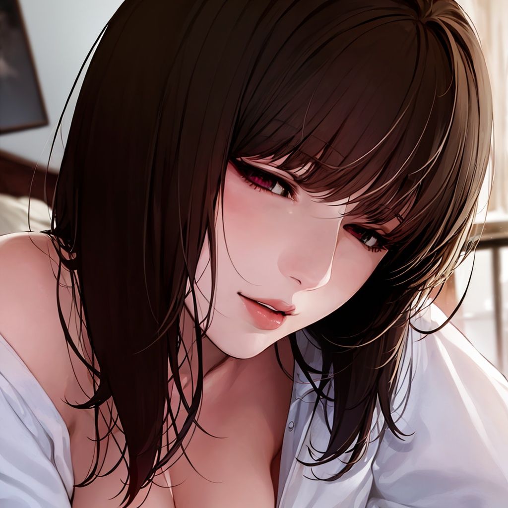 masterpiece,best quality,Maho Nanami,1girl,solo,bangs,dynamic pose,mature female,highly detail,lips,indoors,messy room,shiny skin, portrait , white shirt, <lora:Maho_Nanami-000007:0.8>,