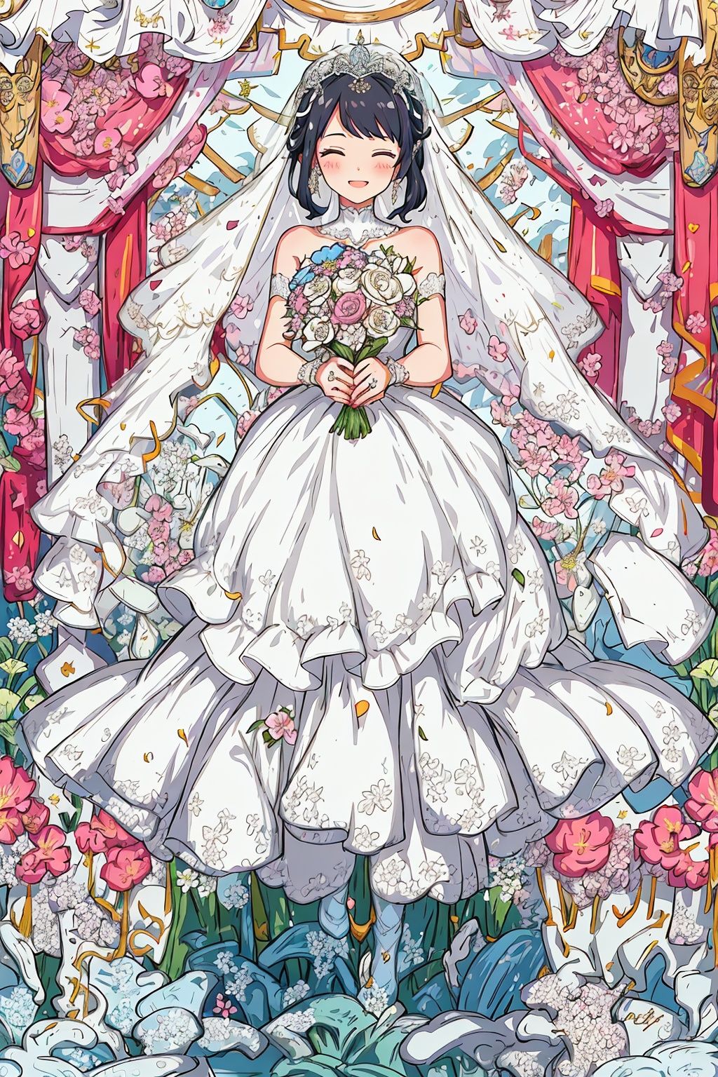 A radiant bride on her wedding day, emanating grace and happiness. Her flowing white gown cascades down to the ground, adorned with intricate lace and delicate embroidery. She wears a veil that partially covers her face, adding an air of mystery and anticipation. The scene is set in a picturesque garden, with blooming flowers in vibrant colors, creating a charming backdrop. The artwork portrays a romantic and timeless atmosphere, capturing the beauty and joy of the bride. (romantic, timeless style:1.1), flowing white gown, intricate lace and embroidery, veil, picturesque garden, blooming flowers, radiant bride