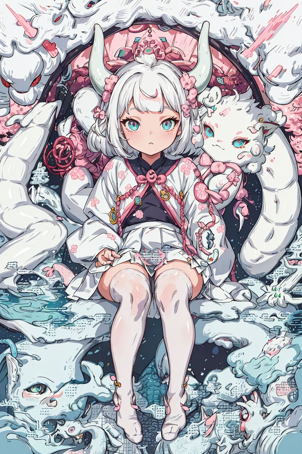  A seven-year-old girl with a round face, big eyes, high bangs, white hair, a pair of milky white dragon horns, a white skirt sandwiched with pink, white over-the-knee stockings,
