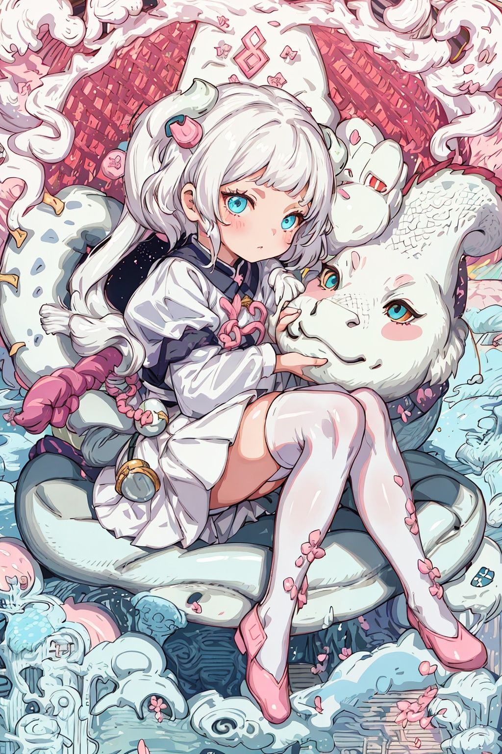  A seven-year-old girl with a round face, big eyes, high bangs, white hair, a pair of milky white dragon horns, a white skirt sandwiched with pink, white over-the-knee stockings,