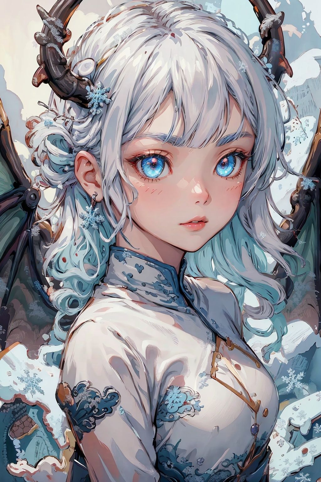 ((best quality)), ((masterpiece)), ((ultra-detailed)), extremely detailed CG, (illustration), ((detailed light)), (an extremely delicate and beautiful), a girl, solo, ((upper body,)), ((cute face)), expressionless, (beautiful detailed eyes), blue dragon eyes, (Vertical pupil:1.2), white hair, shiny hair, colored inner hair, (Dragonwings:1.4), [Armor_dress], blue wings, blue_hair ornament, ice adorns hair, [dragon horn], depth of field, [ice crystal], (snowflake), [loli], [[[[[Jokul]]]]],new_blue_b