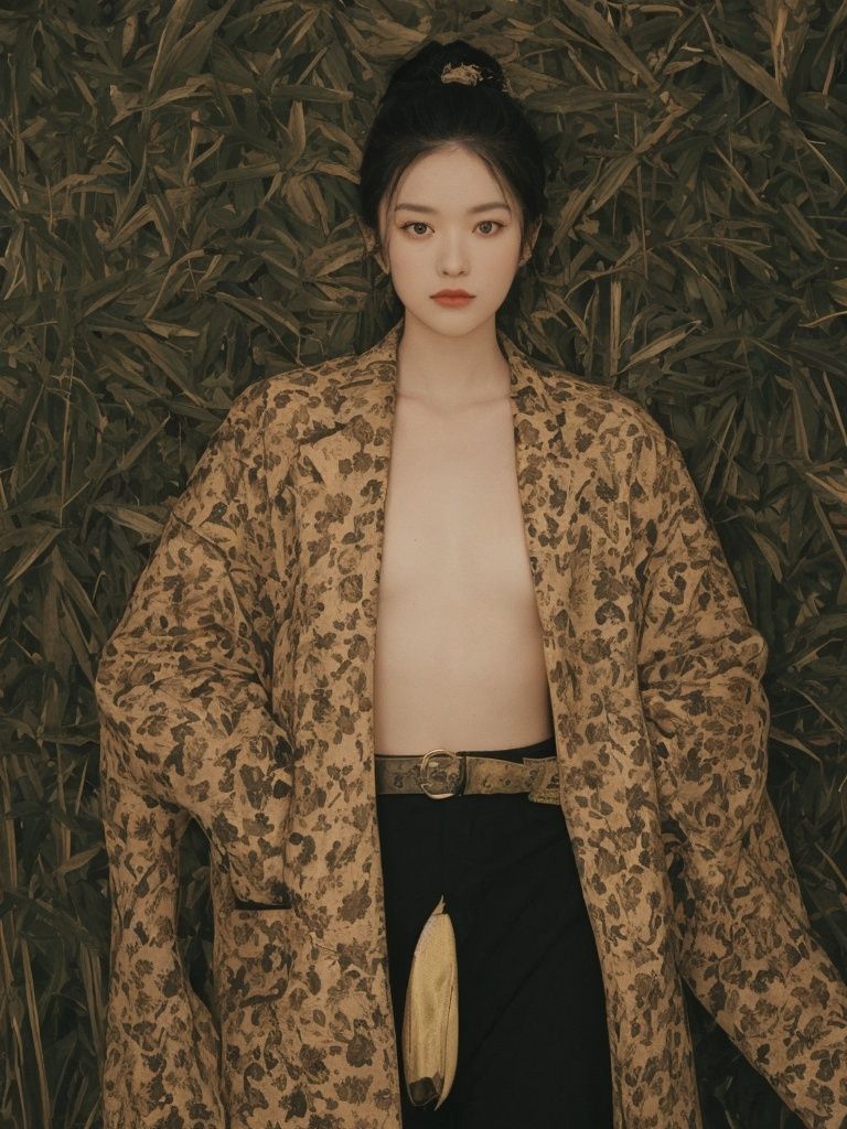 slim girl,  gold suit jacket in snake print,  jacket over bare torso on Tensor.Art