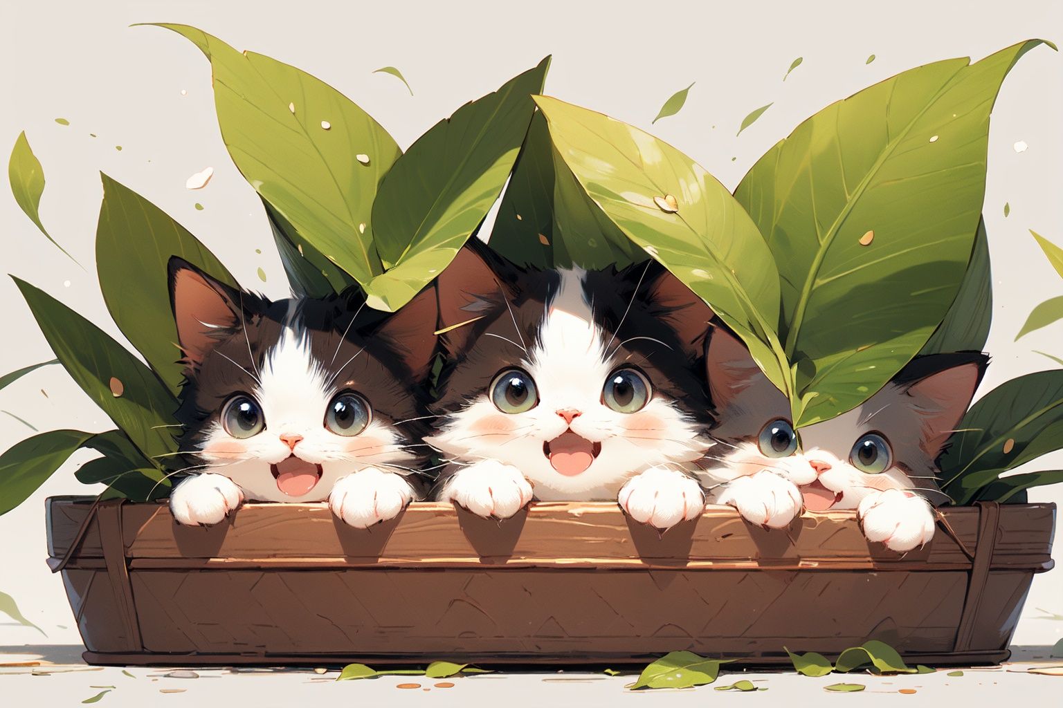 ,(Masterpiece:1.2, high quality),no humans, cat, :3,  simple background, animal focus, animal, brown background, looking at viewer, open mouth, leaf, grey background, smile, plant<lora:cat_20230627113759:0.8>