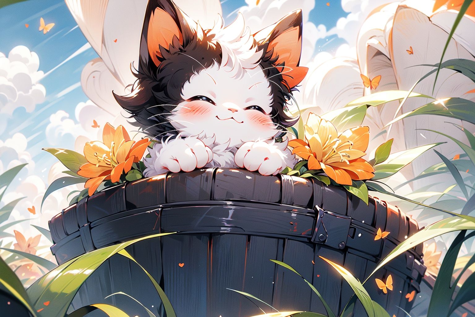 ,(Masterpiece:1.2, high quality),no humans, closed eyes, rainbow, bug, flower, butterfly, solo, blush, animal focus, yellow flower, closed mouth, orange flower, smile, ^_^, heart, cloud, outdoors, :3 <lora:cat_20230627113759:1>