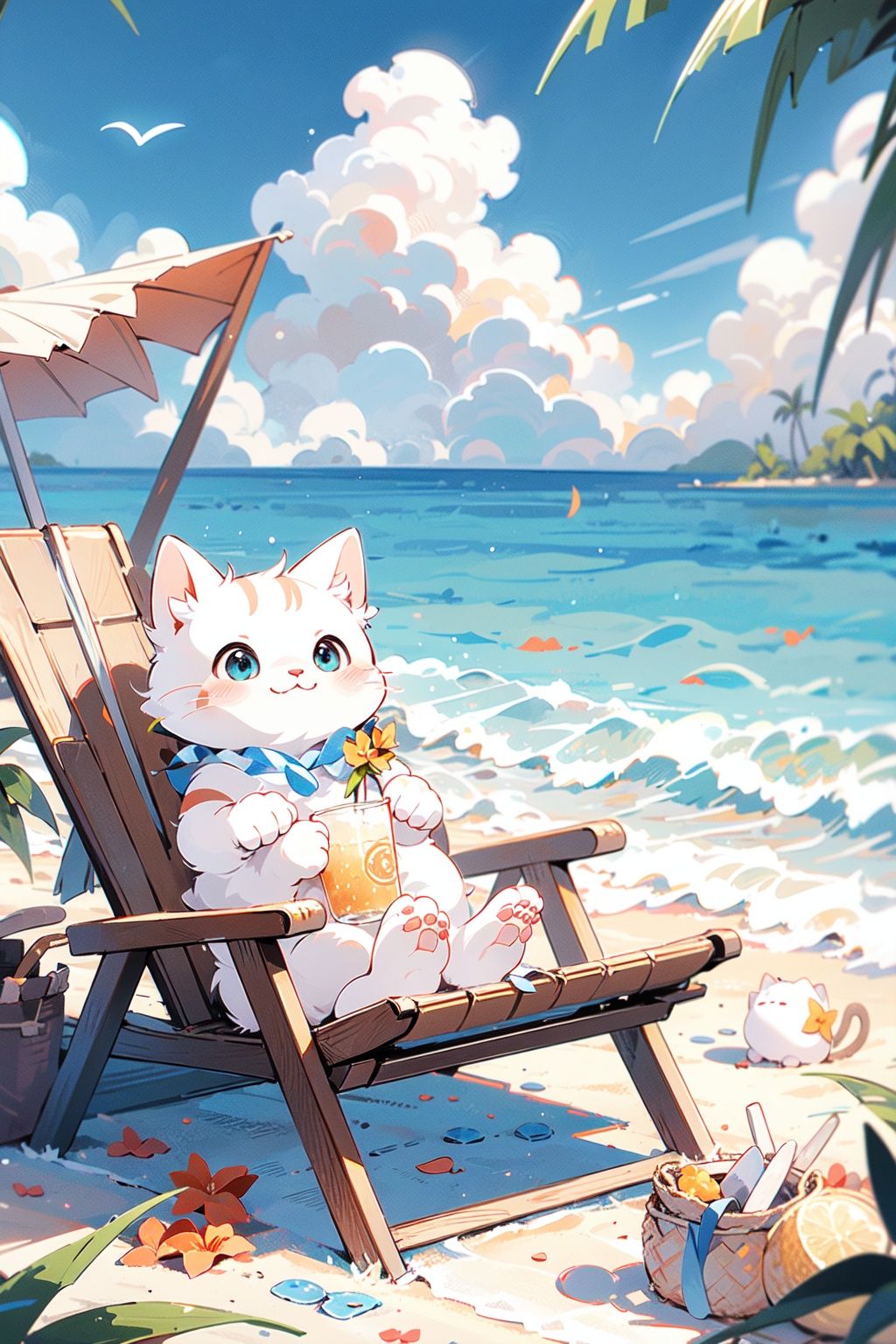 ,(Masterpiece:1.2, high quality),A cat, it sits on beach, blue sky, white clouds, sea, waves, coconut trees, plants, drinks<lora:cat_20230627113759:0.8>