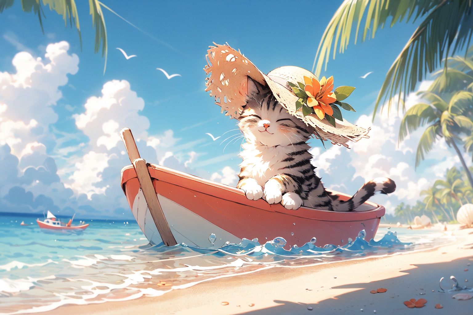 ,(Masterpiece:1.2, high quality),cat, no humans, flower, hat, outdoors, closed eyes, beach, tree, palm tree, ocean, seashell, boat, straw hat, sky, shell, watercraft, :3, blush, day, hat flower, cloud, sitting, animal, water, sand, closed mouth<lora:cat_20230627113759:0.8>
