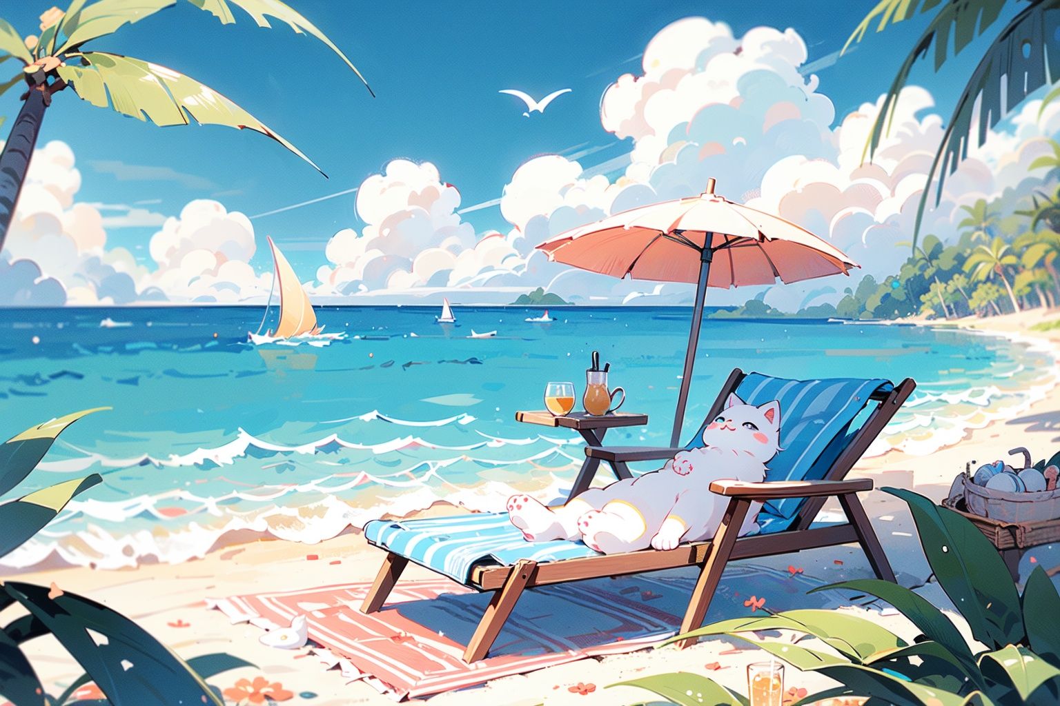 ,(Masterpiece:1.2, high quality),A cat, it sits on a chaise longue, beach, blue sky, white clouds, sea, waves, coconut trees, plants, drinks <lora:cat_20230627113759:0.8>