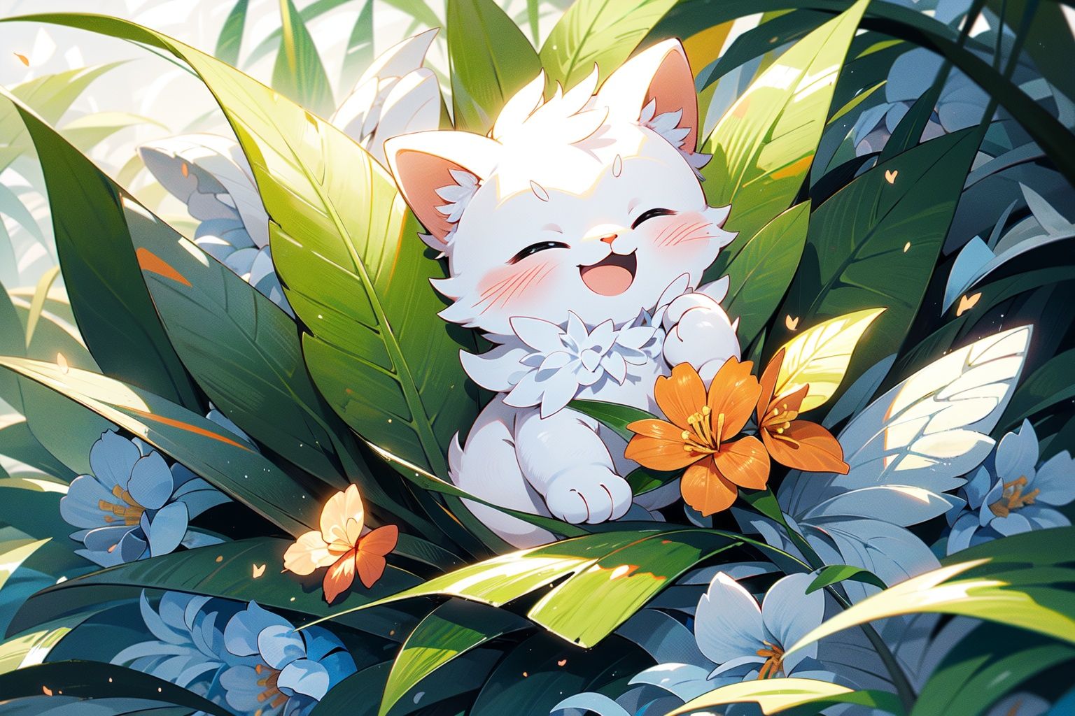 ,(Masterpiece:1.2, high quality),no humans, bug, closed eyes, open mouth, butterfly, grass, flower, animal focus, outdoors, sitting, blue flower, smile, solo, happy, pokemon (creature), full body, blush, white background, :3 <lora:cat_20230627113759:0.8>