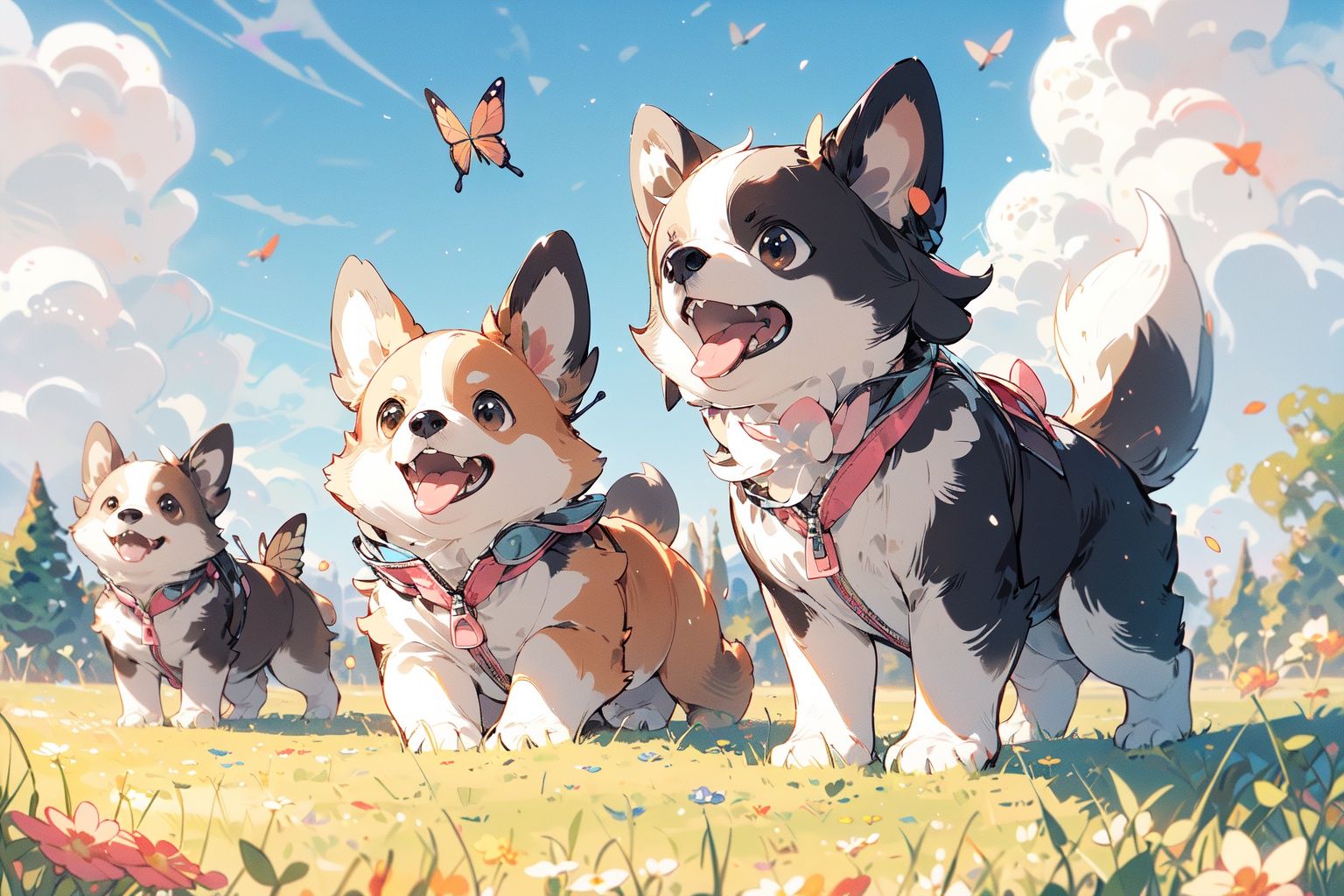 ,(Masterpiece:1.2, high quality),bug, no humans, butterfly, open mouth, flower, looking up, brown eyes, animal focus, fangs, animal, outdoors, dog, grass, pink flower, day, zipper <lora:dog_20230627135046-000018:0.8>