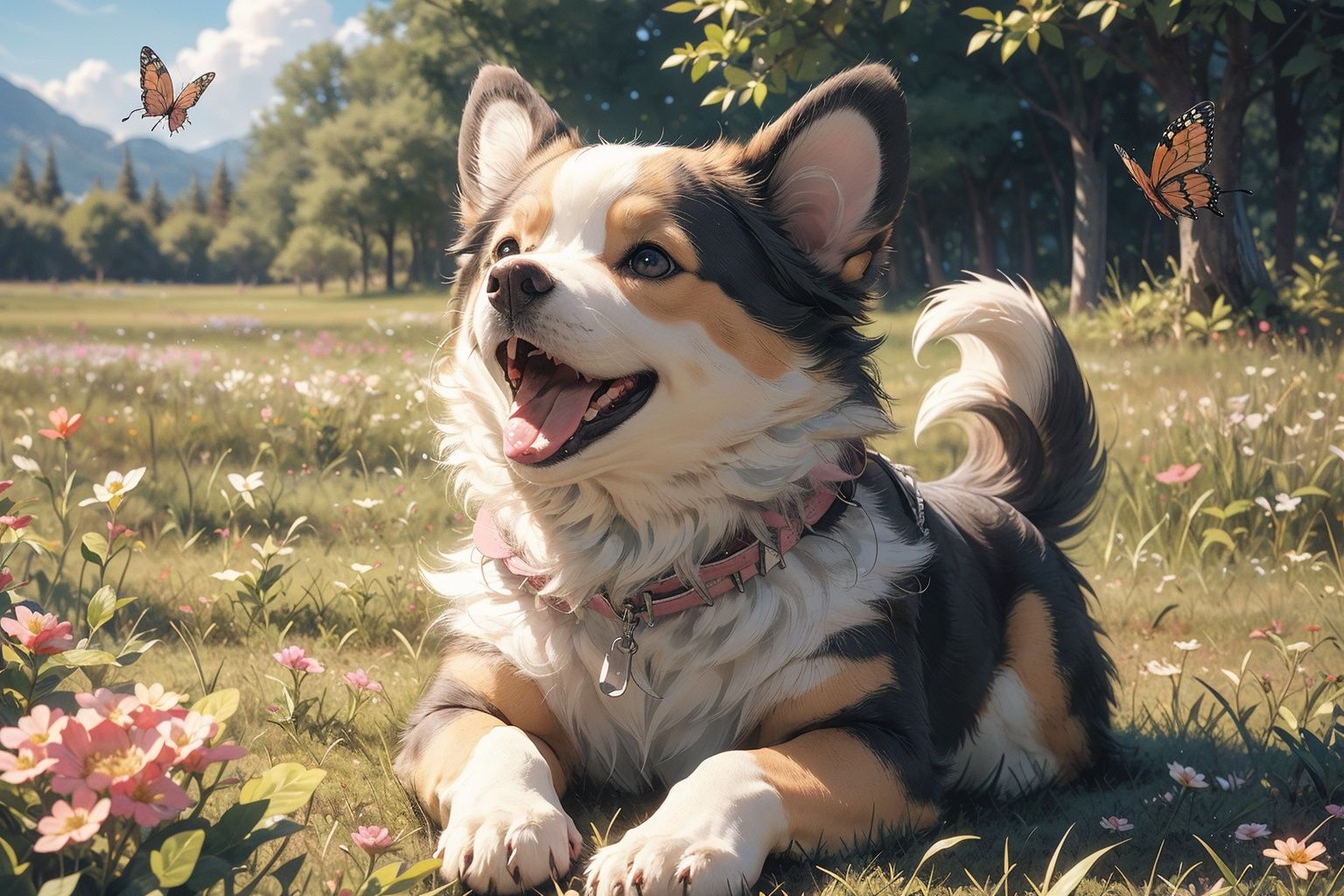 ,(Masterpiece:1.2, high quality),bug, no humans, butterfly, open mouth, flower, looking up, brown eyes, animal focus, fangs, animal, outdoors, dog, grass, pink flower, day, zipper <lora:dog_20230627135046-000018:0.6>