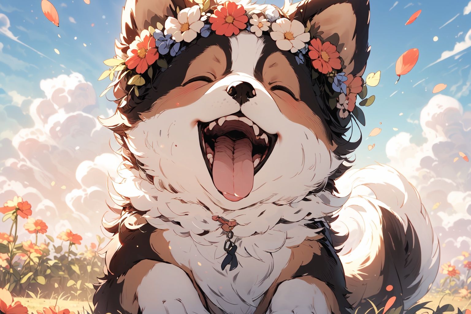 ,(Masterpiece:1.2, high quality),flower, open mouth, closed eyes, blush, no humans, head wreath, tongue, smile, fangs, solo, outdoors, dog, happy, flower wreath, petals, day, ^_^, animal focus, sky, tongue out, animal, facing viewer <lora:dog_20230627135046-000018:1>