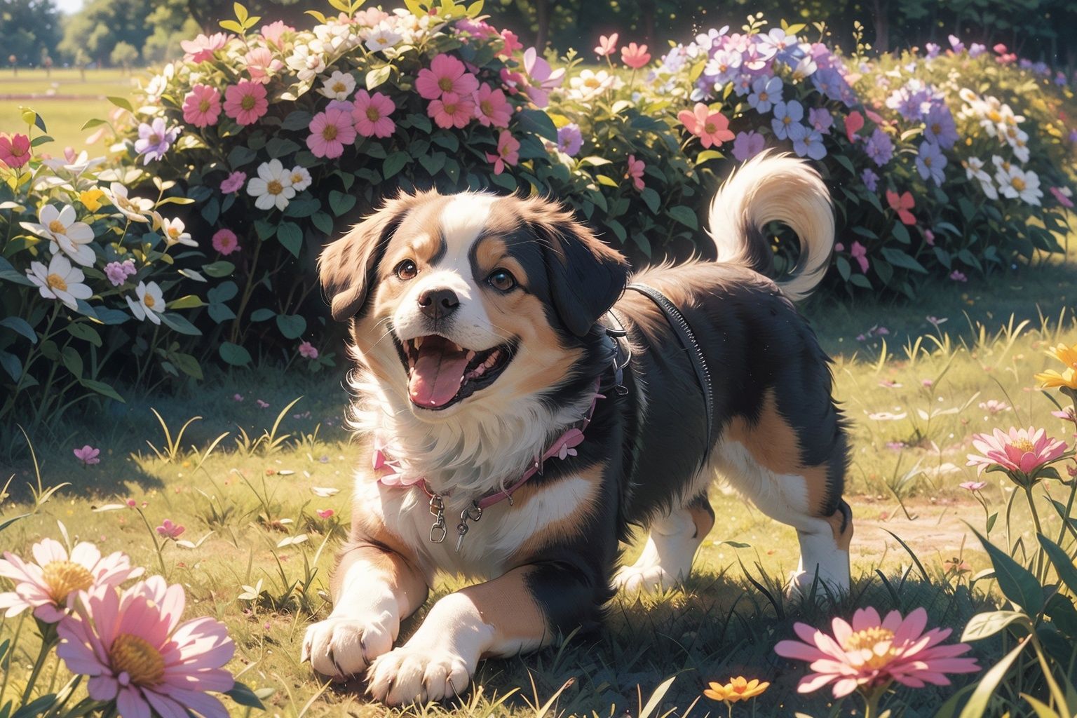 ,(Masterpiece:1.2, high quality),bug, no humans, butterfly, open mouth, flower, looking up, brown eyes, animal focus, fangs, animal, outdoors, dog, grass, pink flower, day, zipper <lora:dog_20230627135046-000018:0.6>
