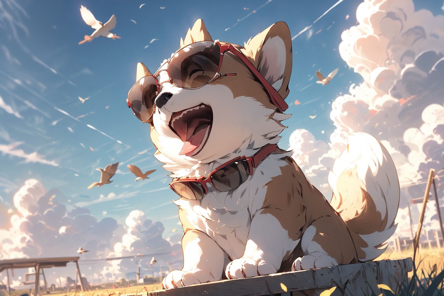 ,(Masterpiece:1.2, high quality),sunglasses, sky, dog, outdoors, open mouth, no humans, cloud, day, blue sky, animal focus, animal, contrail, smile, solo, red bow, closed eyes, tongue, bow, bird, white fur, sitting, blush, tail, tongue out <lora:dog_20230627135046-000018:1>