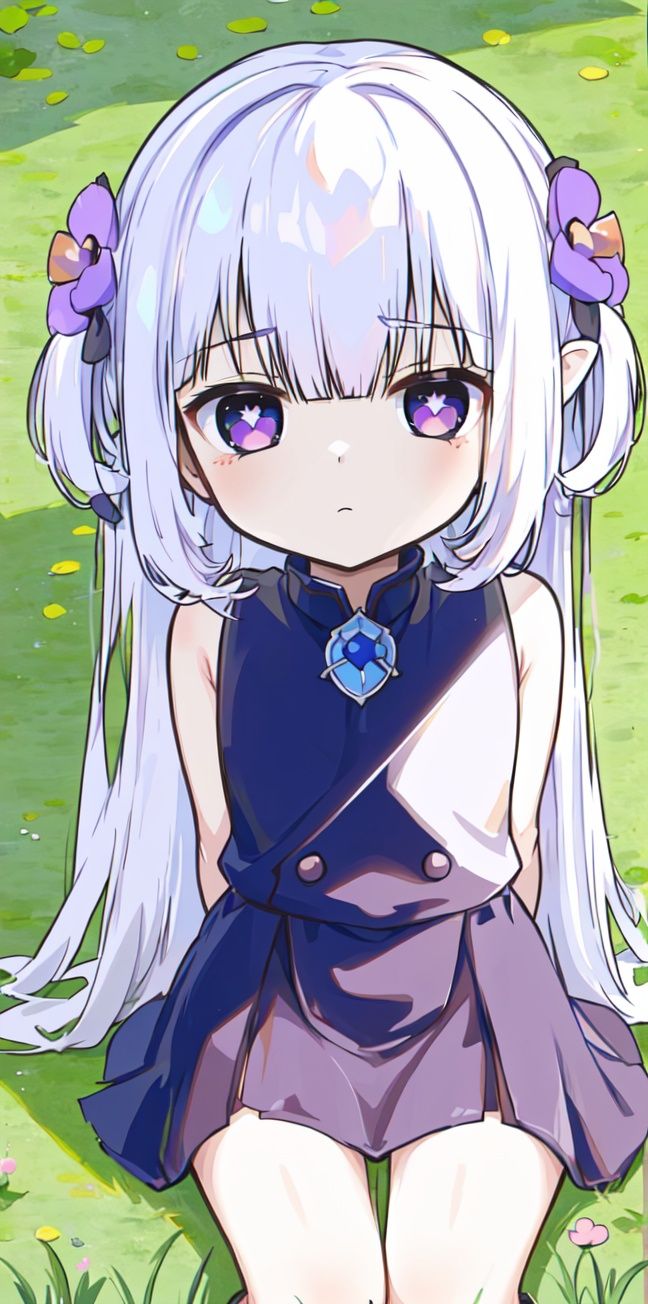 ((little loli:1.3)),masterpiece,best quality,(expressionless),finely detail,((solo)),white hair and long hair,(beautiful detailed eyes),(body focus:1), <lora:萝化v1:0.8>,arms behind back , sitting on the ground,