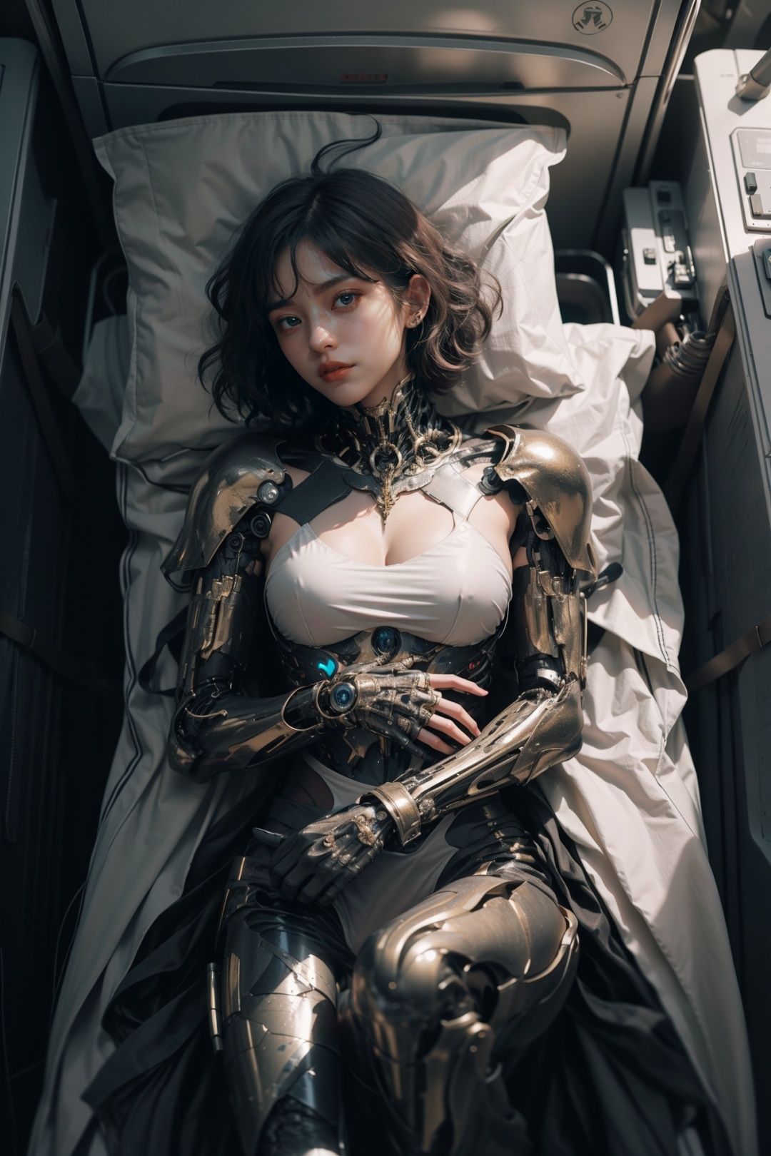 dramatic lighting,1girl,short curly hair,cyborg,armor,looking at viewer,airplane, from above, lying,pov