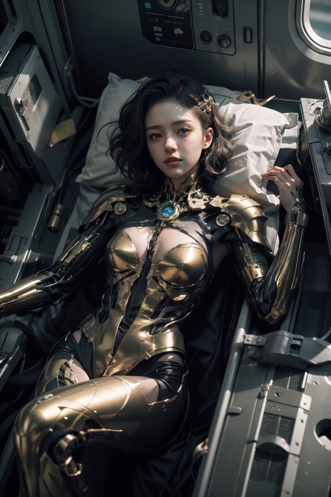 dramatic lighting,1girl,short curly hair,cyborg,armor,looking at viewer,airplane, from above, lying,pov