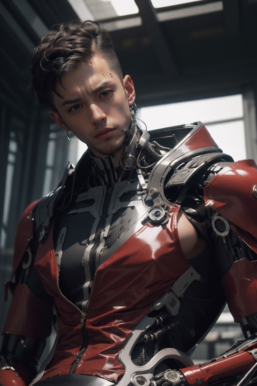 red tuxedo cyborg,1boy, high-top fade, big muscle, mascular, strong, dynamic angle, dramatic lighting