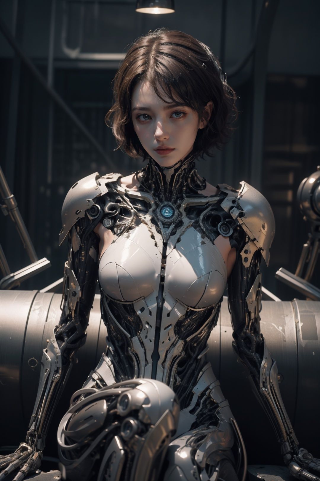 dramatic lighting,1girl,short curly hair,cyborg,armor,biomechanical environment,sitting