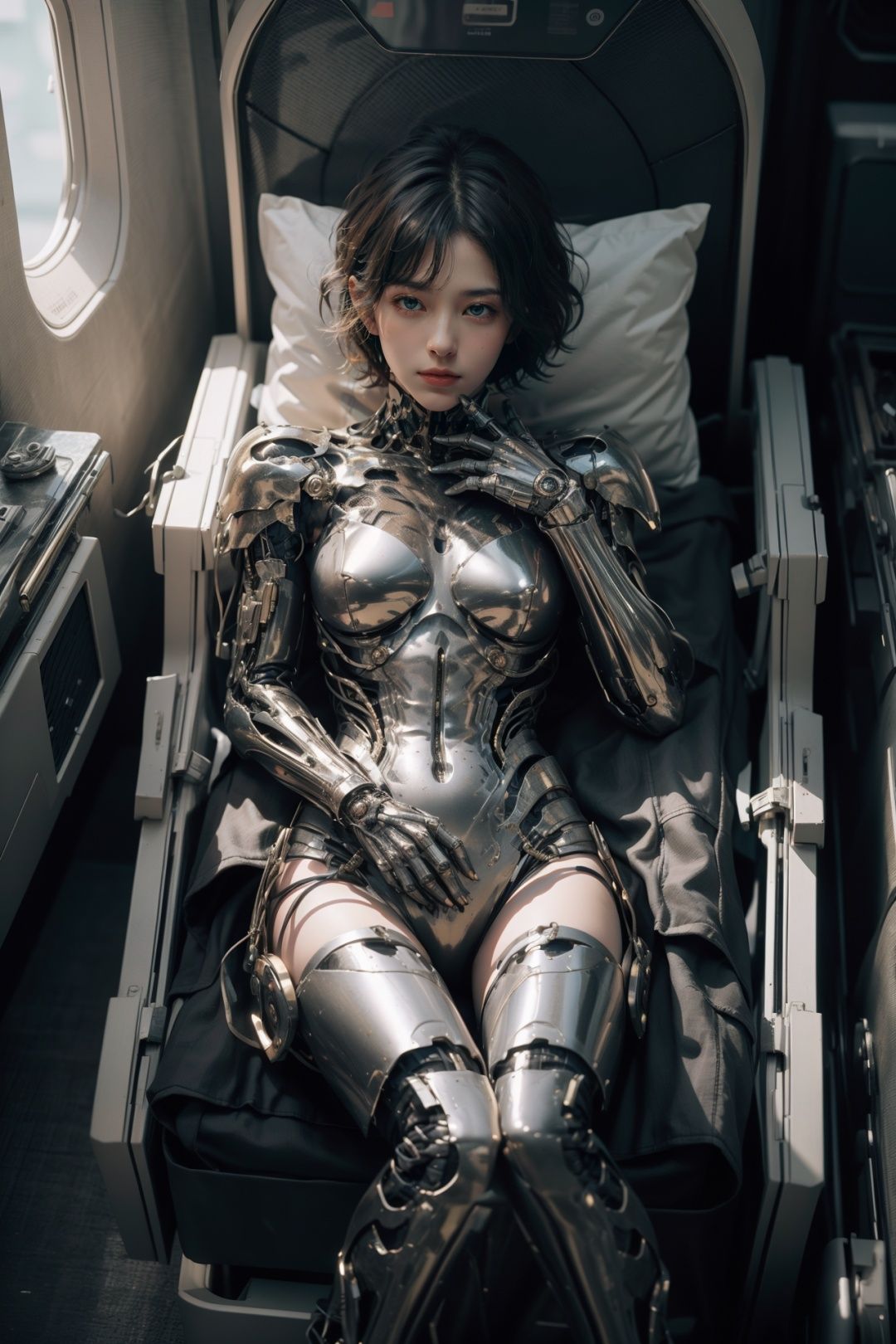 dramatic lighting,1girl,short curly hair,cyborg,armor,looking at viewer,airplane, from above, lying,pov
