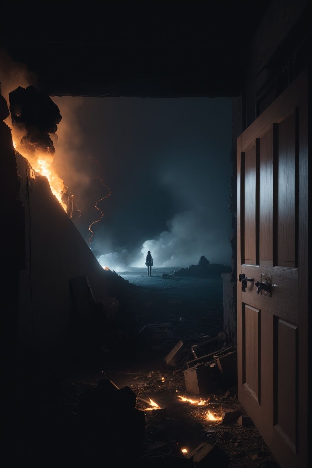 a door in a dark room with a explosion inside it and huge smoke coming out of it and a light coming from the door, Chris LaBrooy, surreal photography, a detailed matte painting, fantasy art