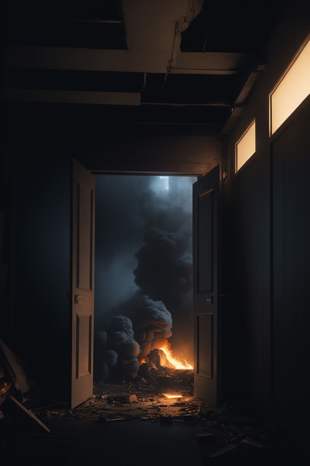 a door in a dark room with a explosion inside it and huge smoke coming out of it and a light coming from the door, Chris LaBrooy, surreal photography, a detailed matte painting, fantasy art