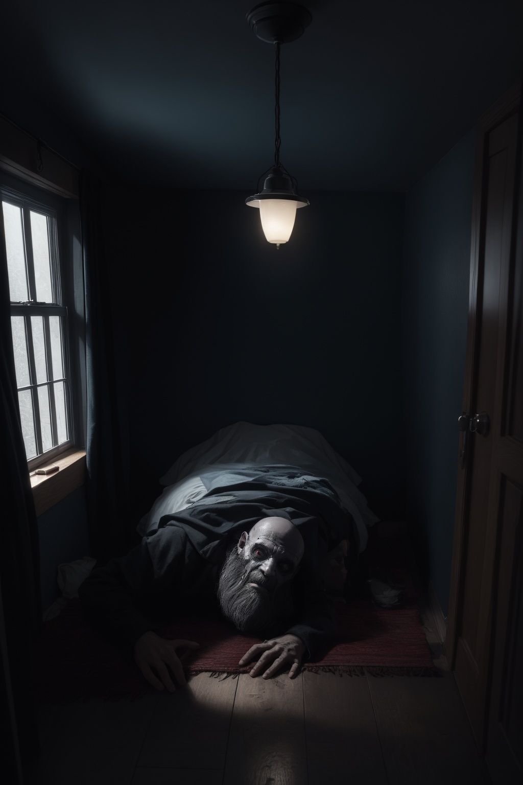 creepy man, hiding under the bed, horror art