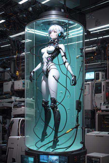 (masterpiece, top quality, best quality, official art, beautiful and aesthetic:1.2), extreme detailed,colorful,highest detailed ((ultra-detailed)), (highly detailed CG illustration), ((an extremely delicate and beautiful)),cinematic light,cultivation ****,1girl, long hair, solo, underwater, very long hair, bubble, barefoot, air bubble, breasts, bodysuit, submerged, anklet, convenient censoring, freediving, medium breastsfull body,machine made joints,blood vessels connected to tubes,mechanical vertebra attaching to back,mechanical cervial attaching to neck,expressionless,wires and cables attaching to neck,wires and cables on head,character focus,science fiction,blood,