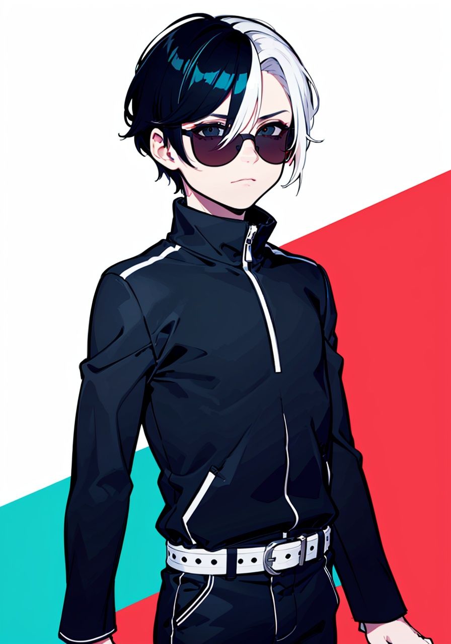 //( code background), (data background,:1.2),//multicolored_background,red and white background,sam yang, (1boy:1.3), (short white hair,hair slicked back,:1.2)black sunglasses, expressionless,cowboy shot, no_eyes,(colored inner hair, colored_tips,:1.2),