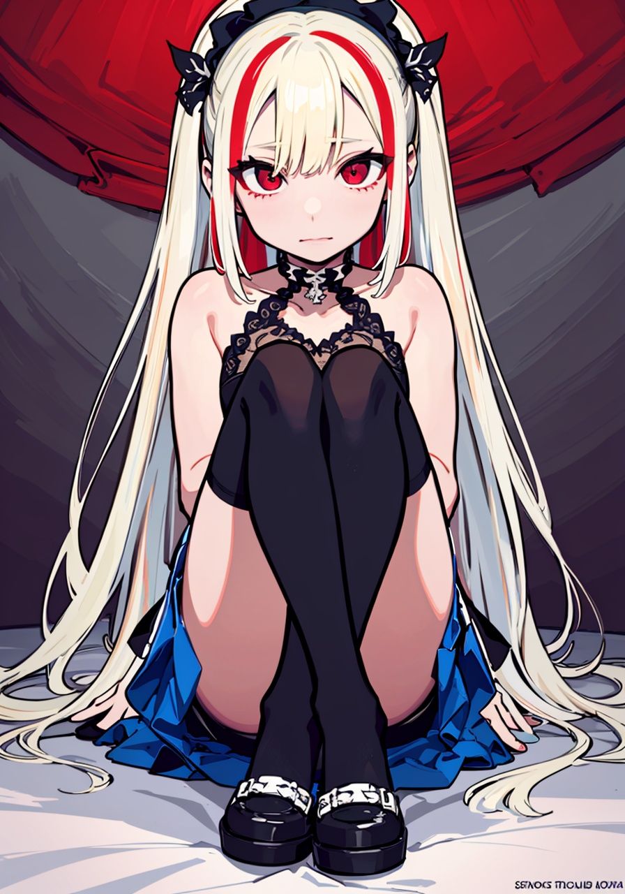 best quality,Amazing,beautiful detailed eyes,(an extremely delicate and beautiful girl),finely detail,Depth of field,(full body),white streaked  hair,red eyes,five fingers,five toes,cold faces, 